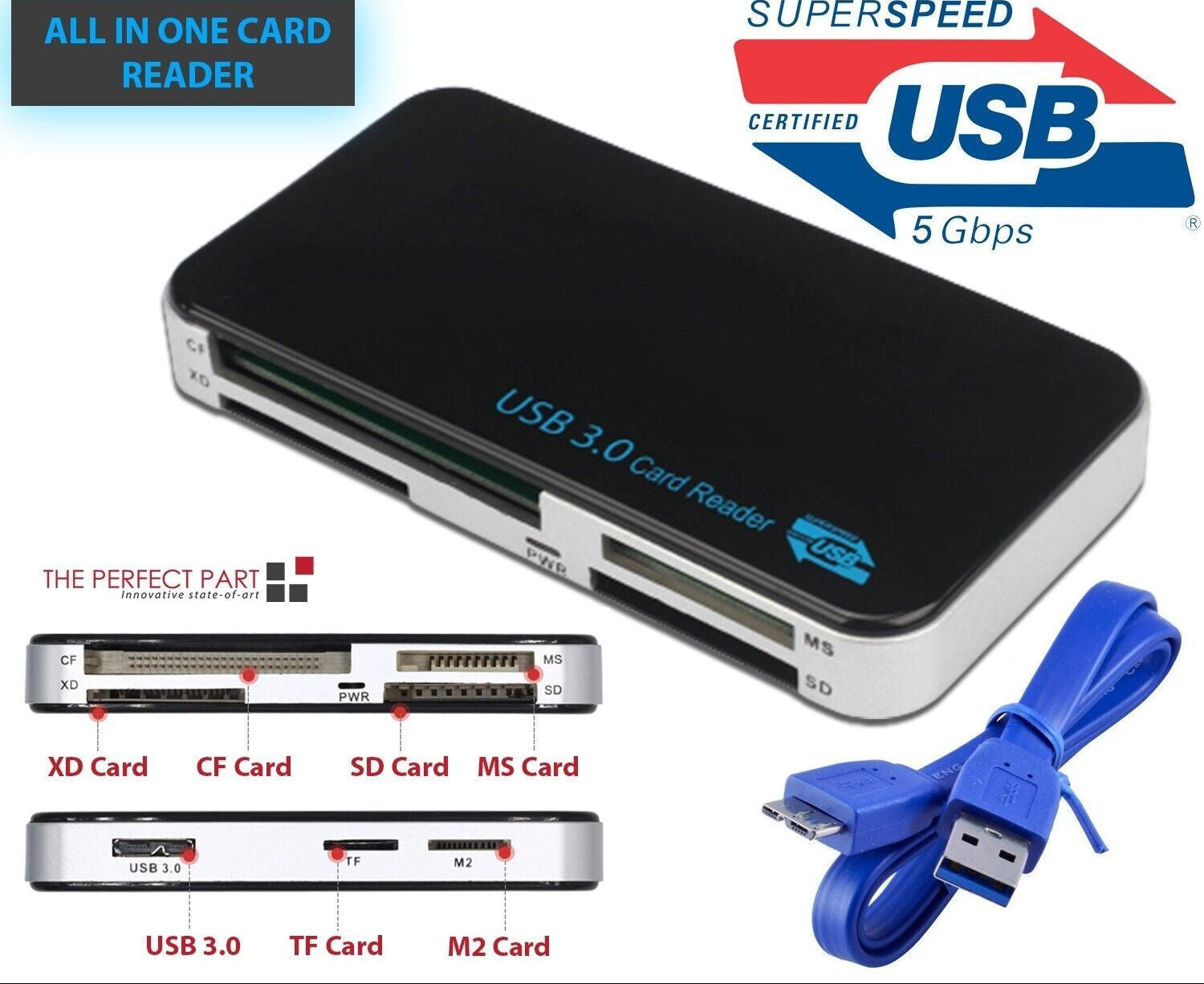 USB 3.0 Memory Card Reader Adapter 5GBPS Fit For CF/TF/SD/Micro SD/XD/M2/MS Card