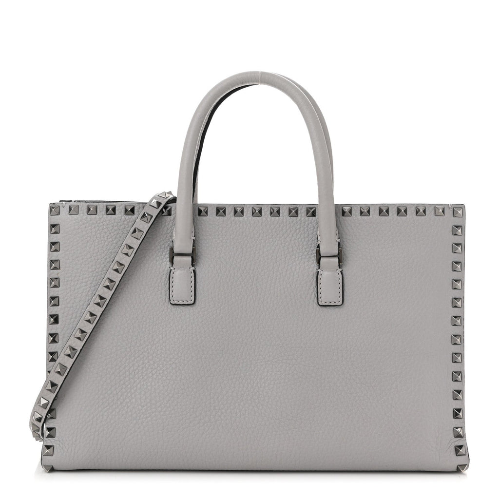 Grained Calfskin Medium Rockstud Double Handle Horizontal Tote Pastel Grey