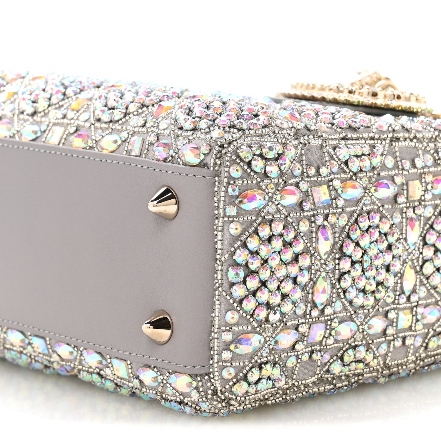 Calfskin Satin Celestial Bead Embroidery Embroidered Small Lady Dior Grey Multicolor