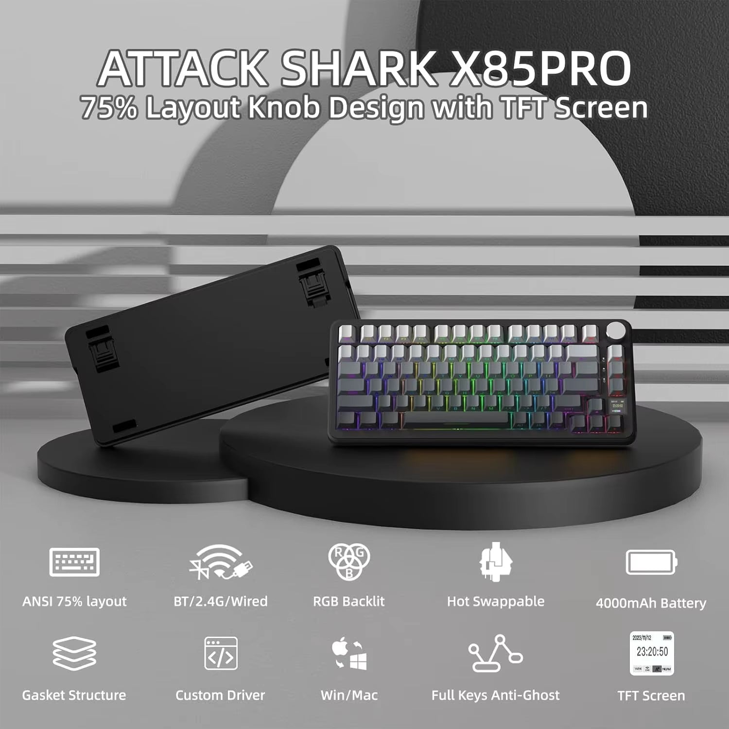75% Mechanical Keyboard with Display and Knob, Hot-Swappable, Wireless 2.4GHz/Bluetooth/Wired, RGB Gasket Mount QM