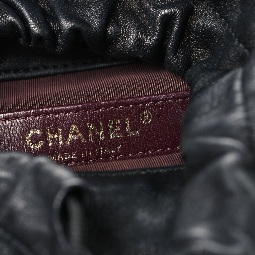 Lambskin Bucket Chain Drawstring Bag Black