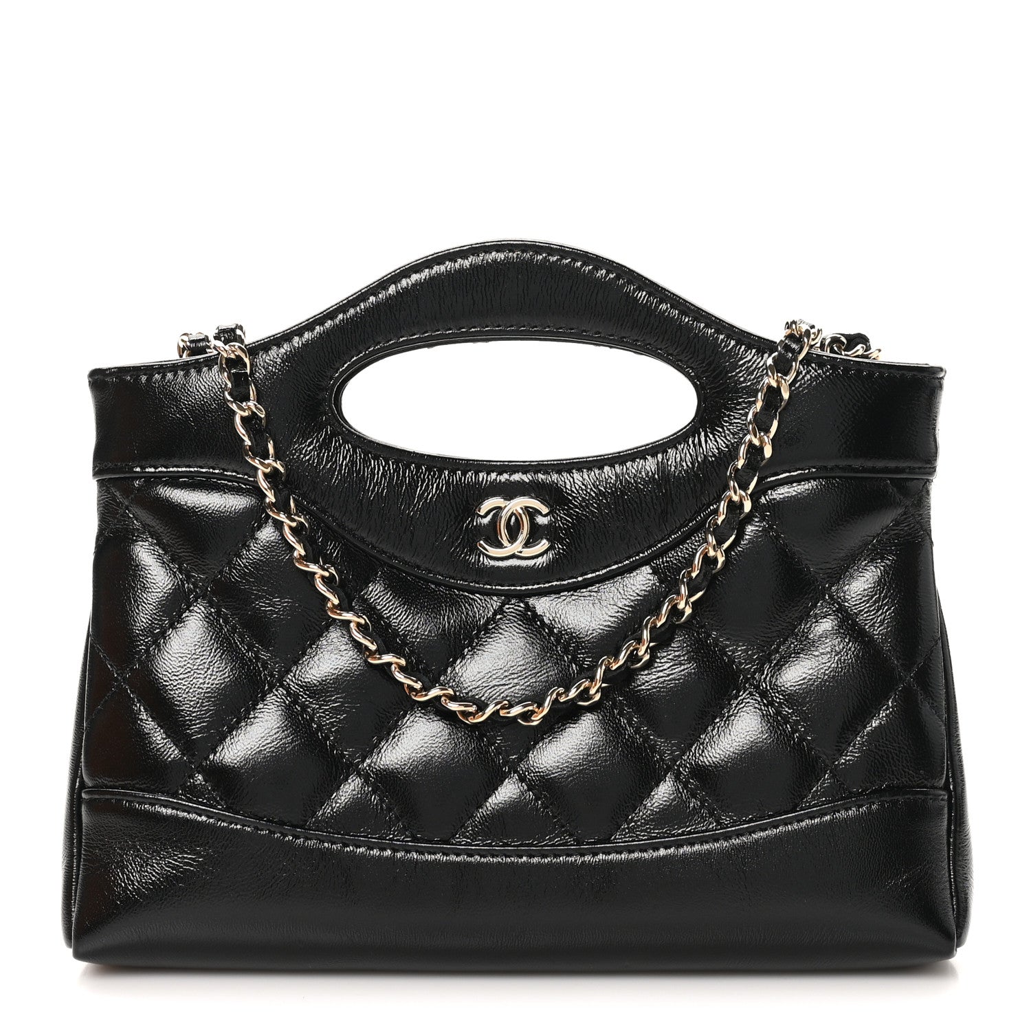 Shiny Crumpled Calfskin Quilted Nano 31 Shopping Bag Black
