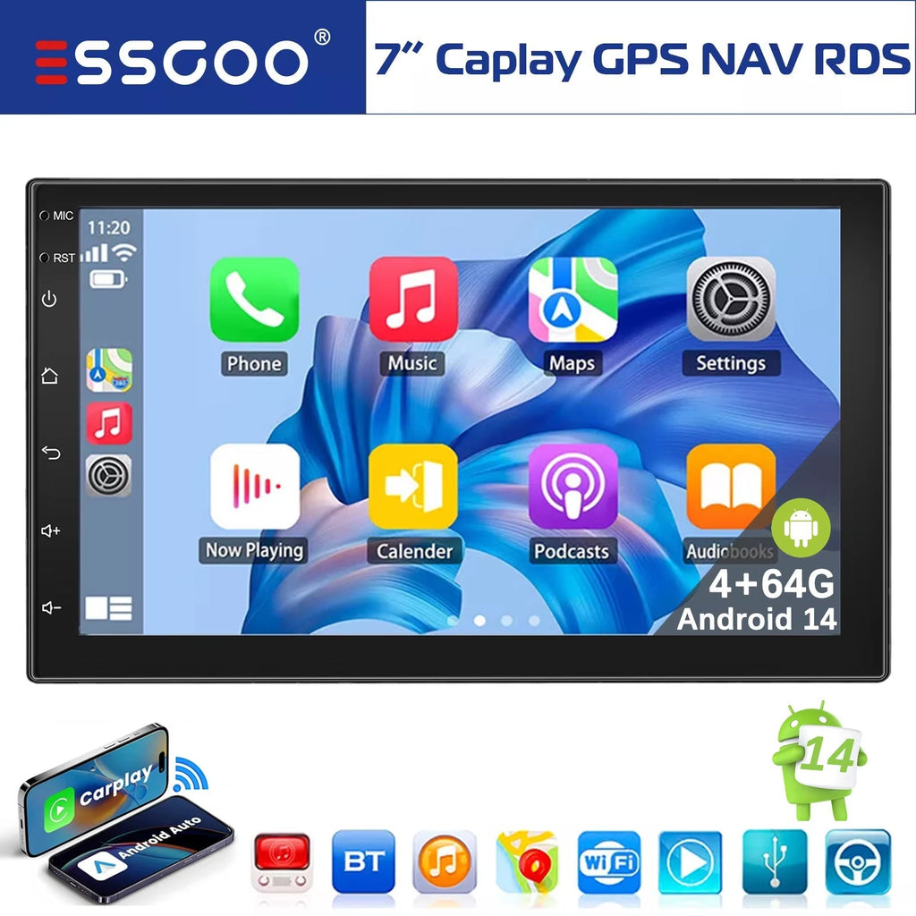 7-Inch Double DIN Android 14 CarPlay Multimedia Video Player with GPS Navigation, Wi-Fi, FM/RDS, and Bluetooth Compatibility - 64gb