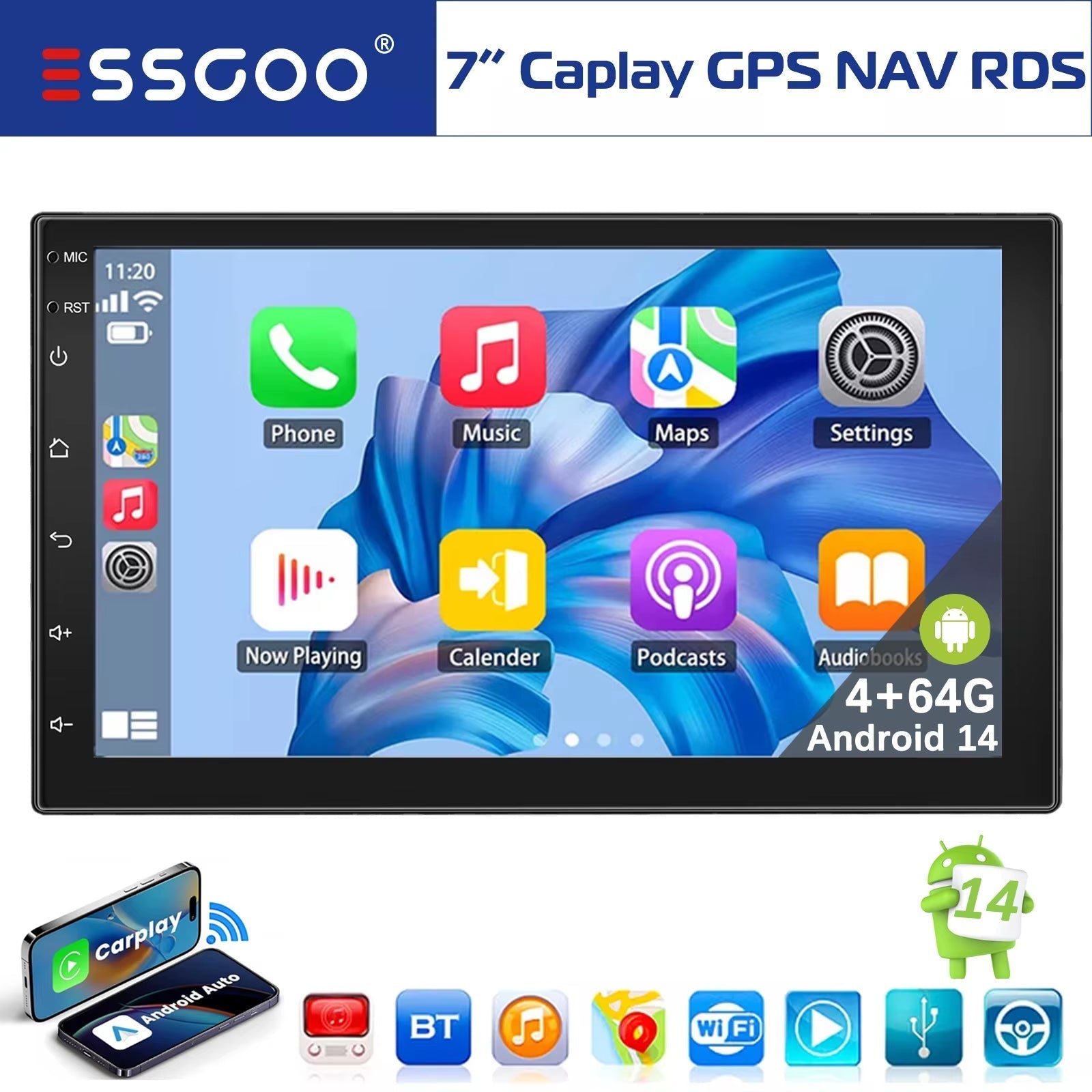 7-Inch Double DIN Android 14 CarPlay Multimedia Video Player with GPS Navigation, Wi-Fi, FM/RDS, and Bluetooth Compatibility - 64gb