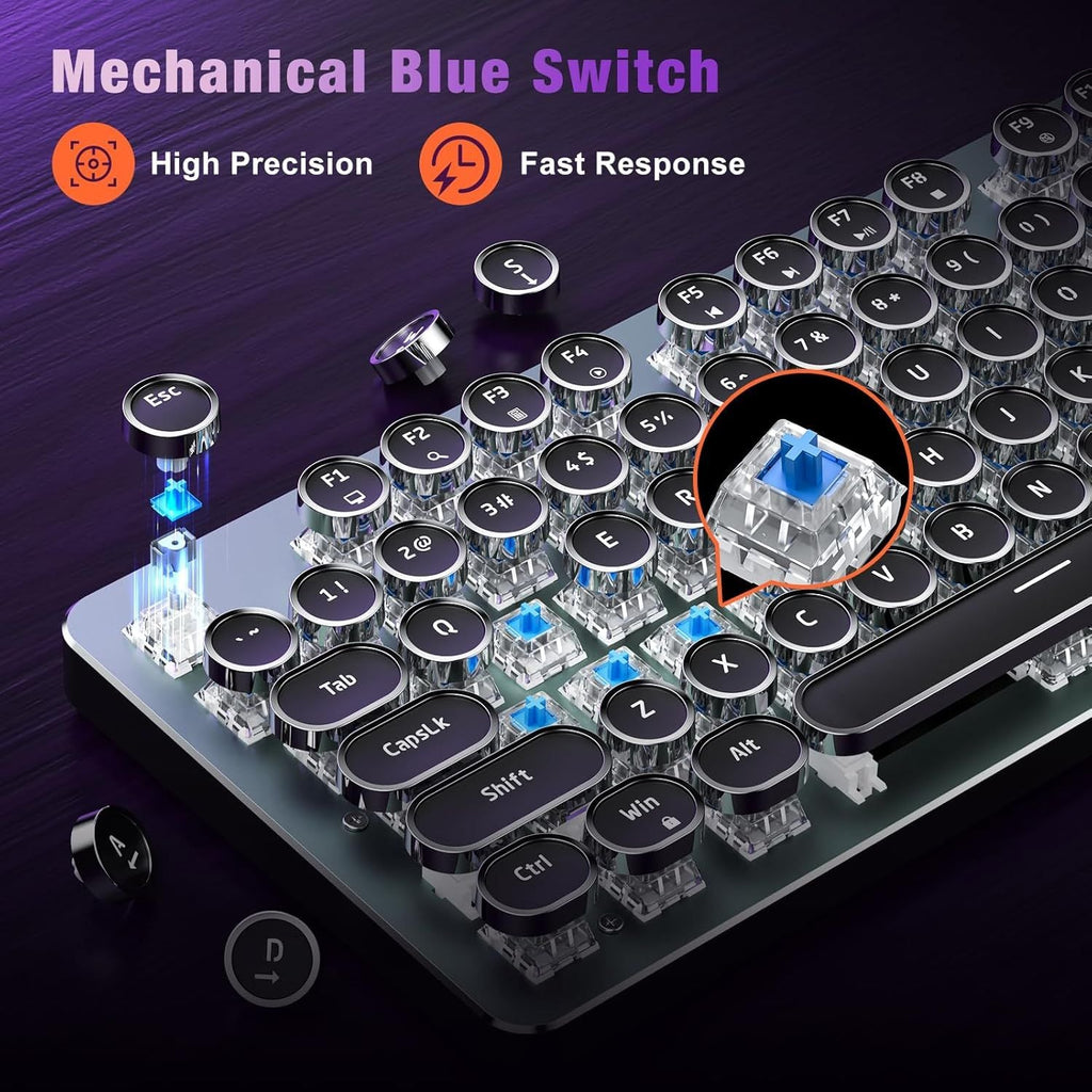 Typewriter Style Mechanical Gaming Keyboard, Metal Panel, Retro Punk Round Keycaps, Clicky Blue Switch, Rainbow LED Backlit, 104 Keys Wired Keyboard, Round Keycaps for PC Laptop Mac Gamer