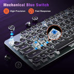 Typewriter Style Mechanical Gaming Keyboard, Metal Panel, Retro Punk Round Keycaps, Clicky Blue Switch, Rainbow LED Backlit, 104 Keys Wired Keyboard, Round Keycaps for PC Laptop Mac Gamer