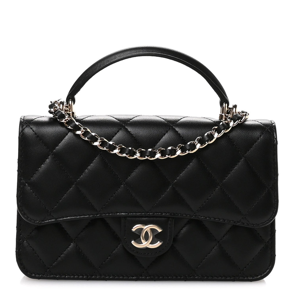 Lambskin Quilted Flap Phone Holder With Chain Black