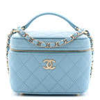 Caviar Quilted Top Handle Vanity Case With Chain Blue
