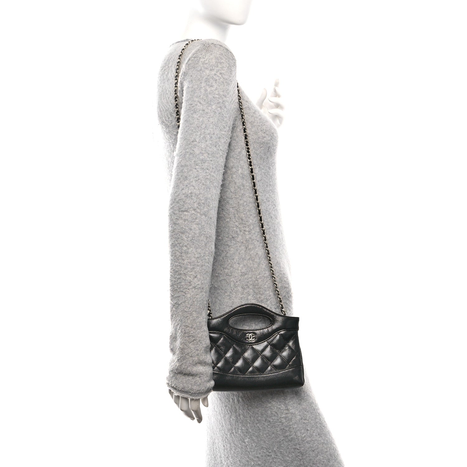 Shiny Crumpled Calfskin Quilted Nano 31 Shopping Bag Black