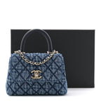 Washed Denim Quilted Coco Handle Clutch With Chain Blue