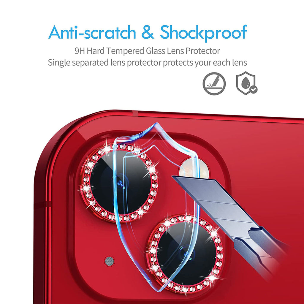 Diamond Camera Lens Protector, Diamond Tempered Glass Camera Cover Screen Protector For Iphone 14 / Iphone 14 Plus In Red