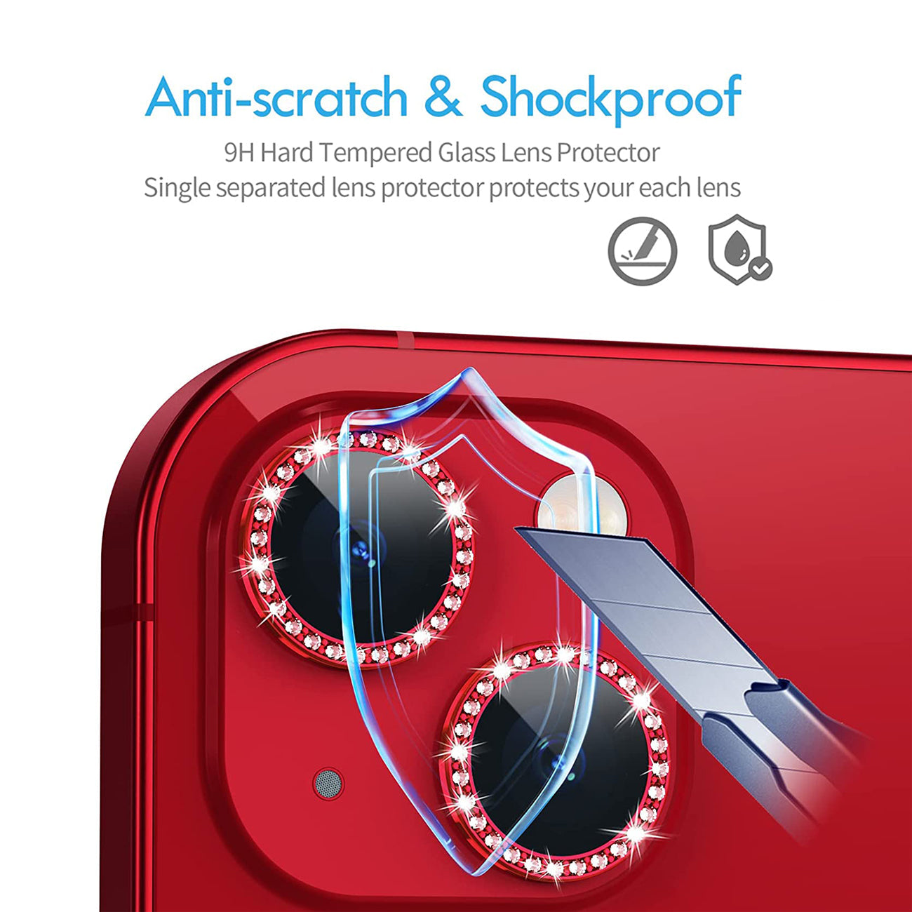 Diamond Camera Lens Protector, Diamond Tempered Glass Camera Cover Screen Protector For Iphone 14 / Iphone 14 Plus In Red