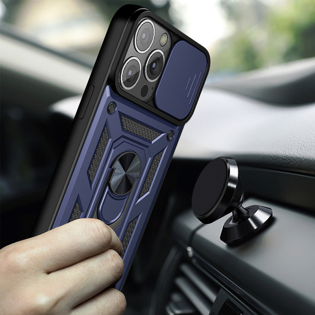 Kickstand Ring Holder With Slide Camera Cover Tpu Magnetic Car Mount For Apple Iphone 13  Pro In Blue