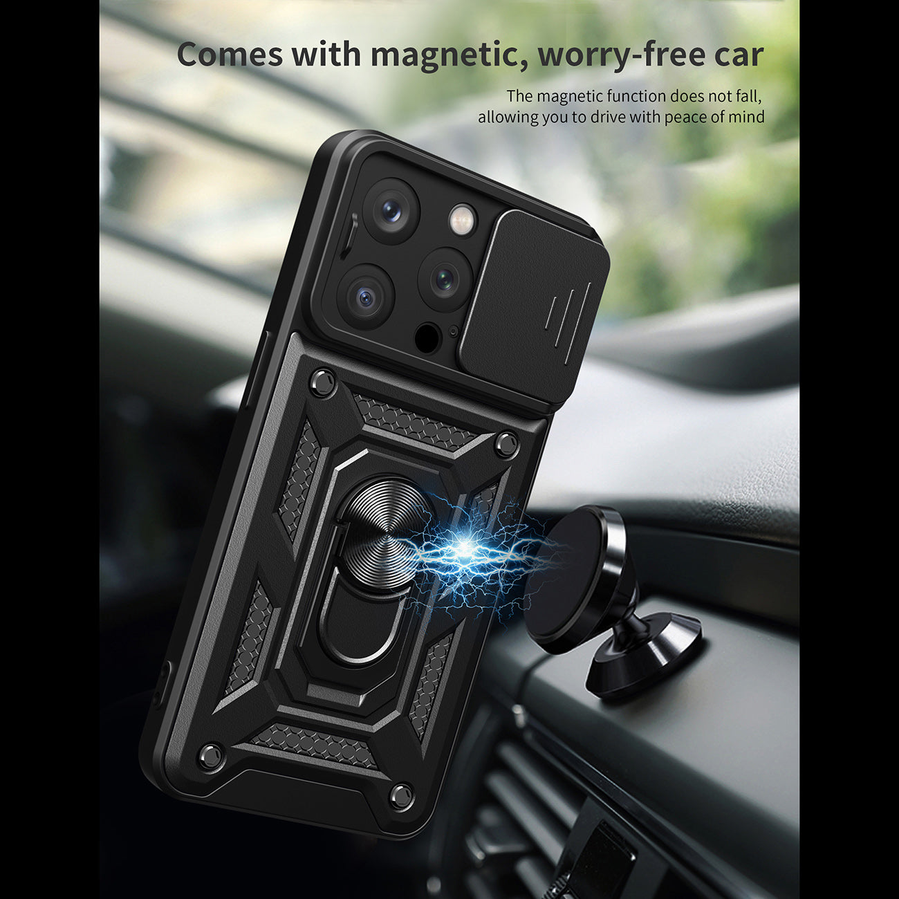 Kickstand Ring Holder With Slide Camera Cover Tpu Magnetic Car Mount For Apple Iphone 15 Pro In Black