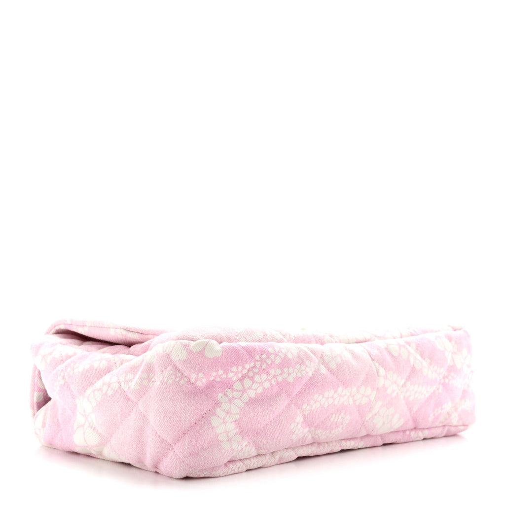 Printed Denim Quilted Medium Single Flap Bag Pink White