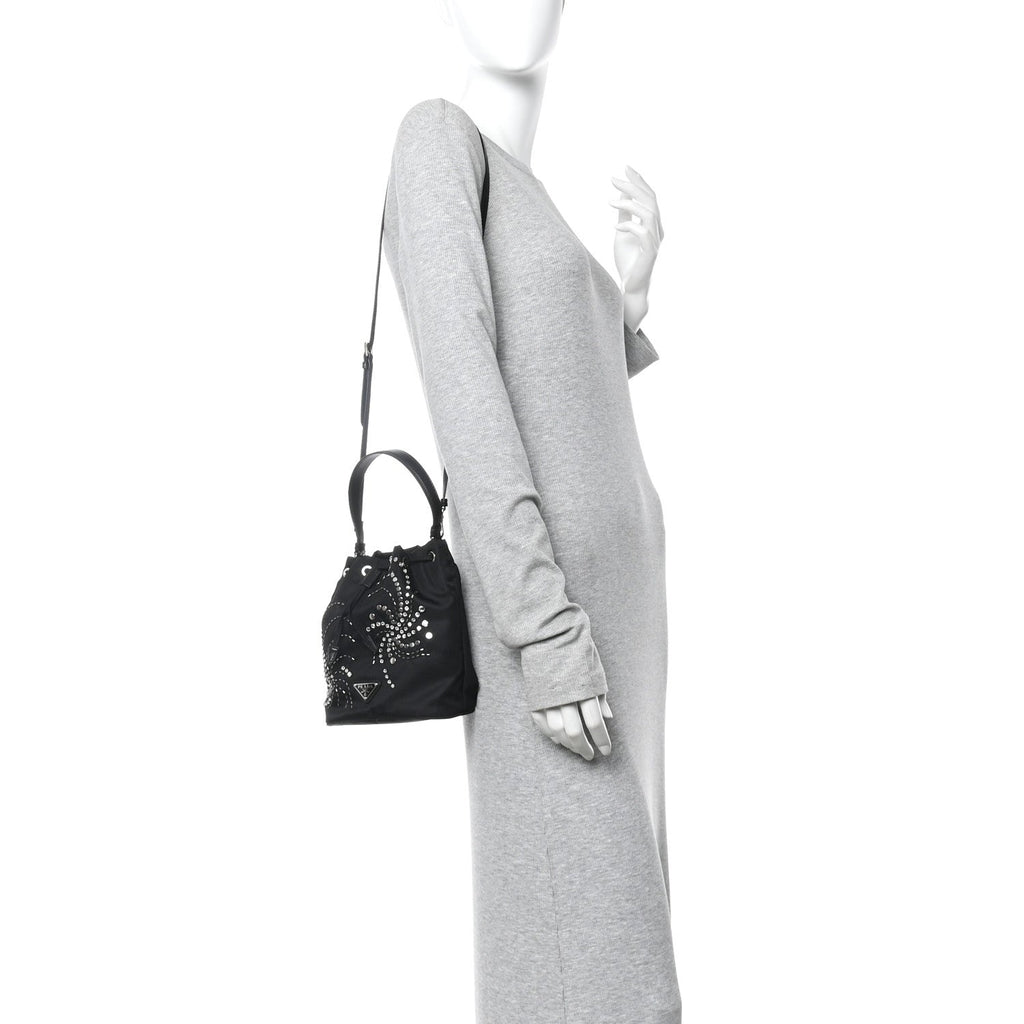 Tessuto Saffiano Ricamo Sequin Crystal Embellished Mini Re-Edition 1978 Bucket Bag Black