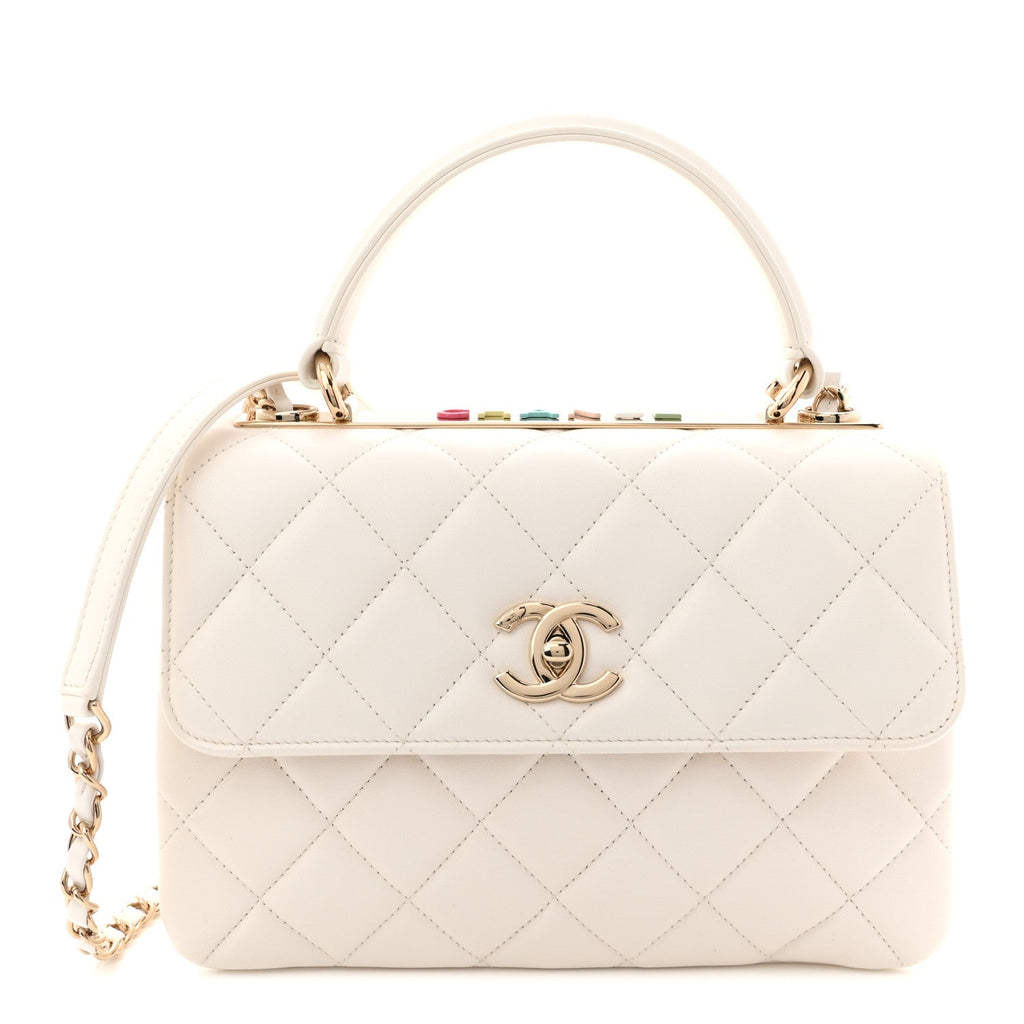 Lambskin Lacquered Quilted Small Trendy CC Dual Handle Flap Bag White