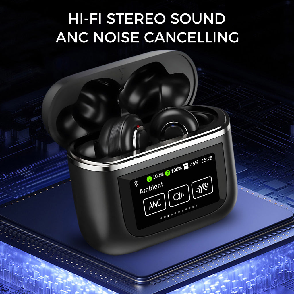 Wireless Earbuds w/ LCD Full-color Touch Screen, 5.3 Bluetooth, TWS, Noise Cancelling, 32Hr Playback, IP4 Waterproof, ANC & Transparency Mode, 450mAh Wireless Charging Case - Black