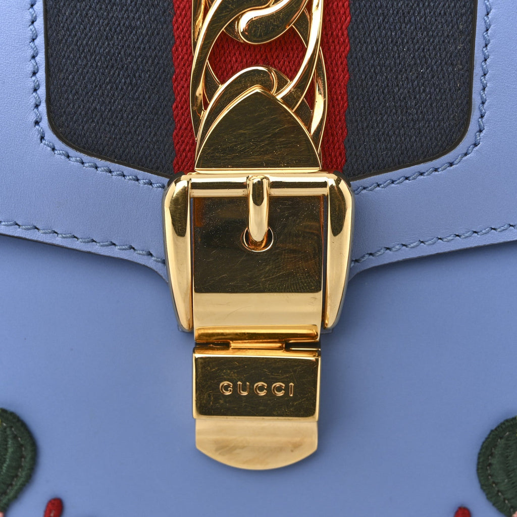 Calfskin Embroidered Medium Sylvie Top Handle Bag Clear Sky Blue