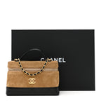 Suede Calfskin Shiny Lambskin Quilted Top Handle Slim Vanity Case With Chain Beige Black