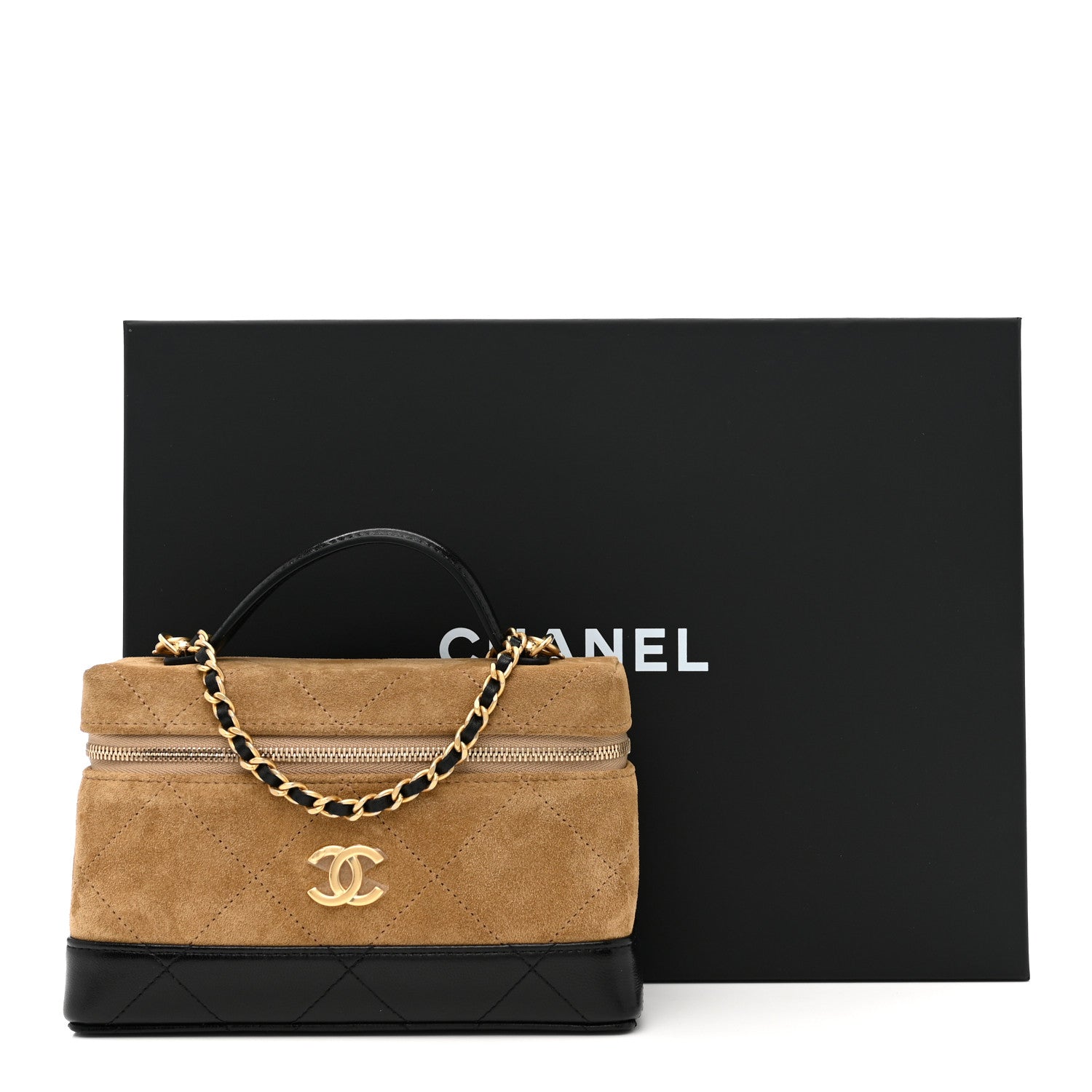 Suede Calfskin Shiny Lambskin Quilted Top Handle Slim Vanity Case With Chain Beige Black