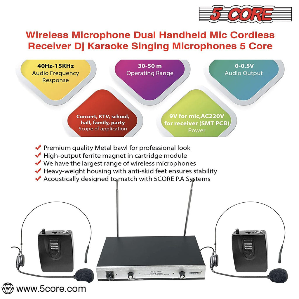 2 Channel Wireless Microphones w 2 Headset Portable Mini Mic Headset Microfono Inalambricos with Receiver - WM 301 HH