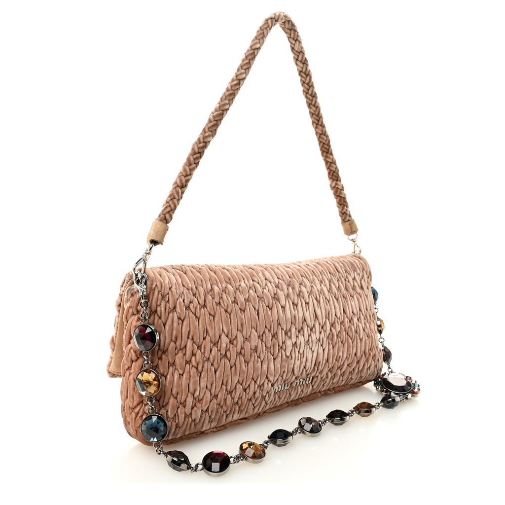Velvet Matelasse Crystal Chain Shoulder Bag Cammeo