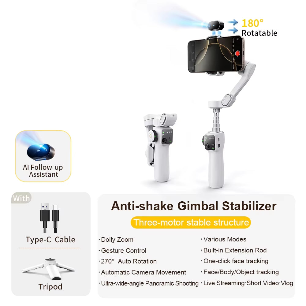 Smart V8 3-Axis Handheld Gimbal Stabilizer with Extension Rod and Tripod for Face Tracking - Compatible with iPhone, Android with Ai