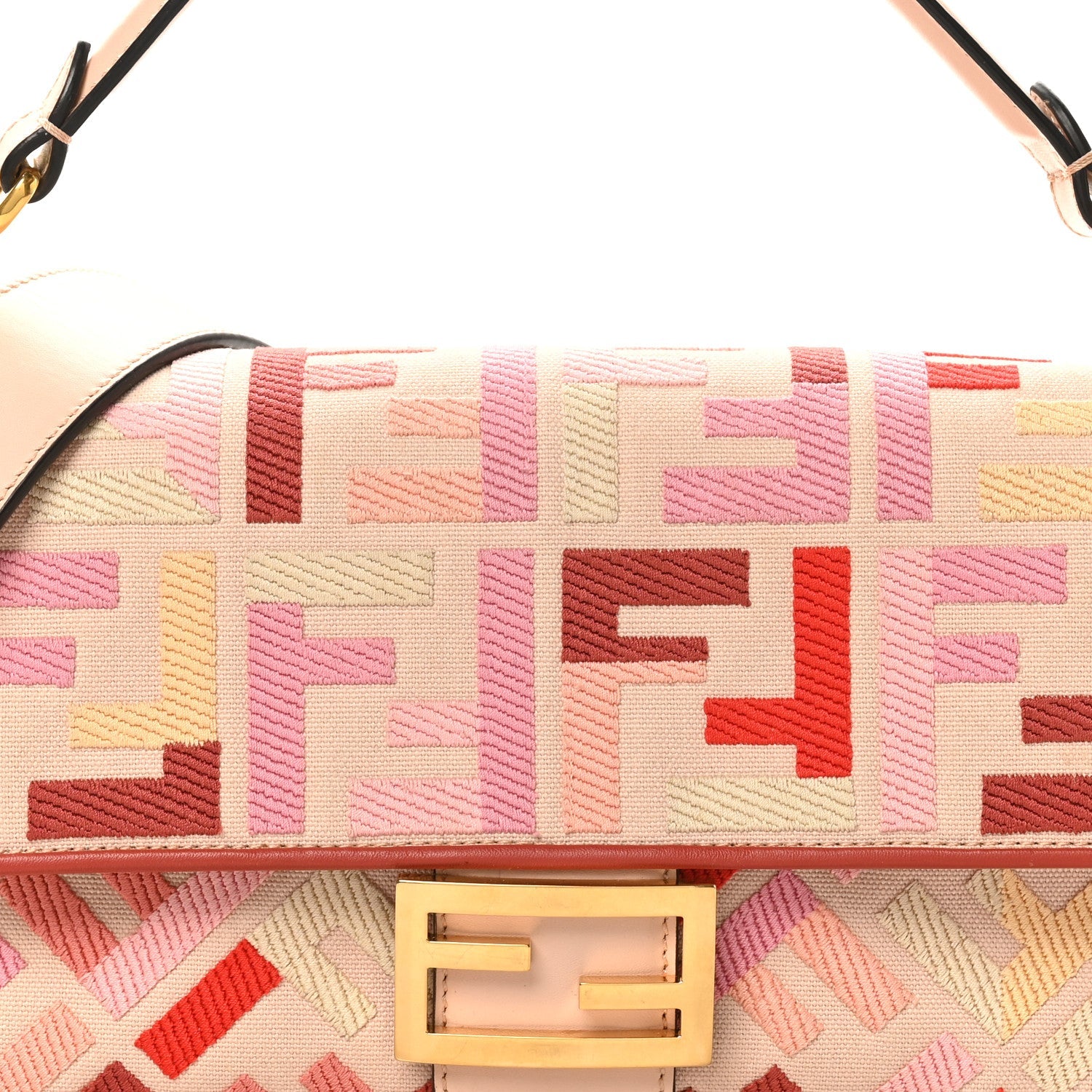 Canvas Vitello King FF Embroidered Baguette Rosa Quarzo Bloody Mary Multicolor
