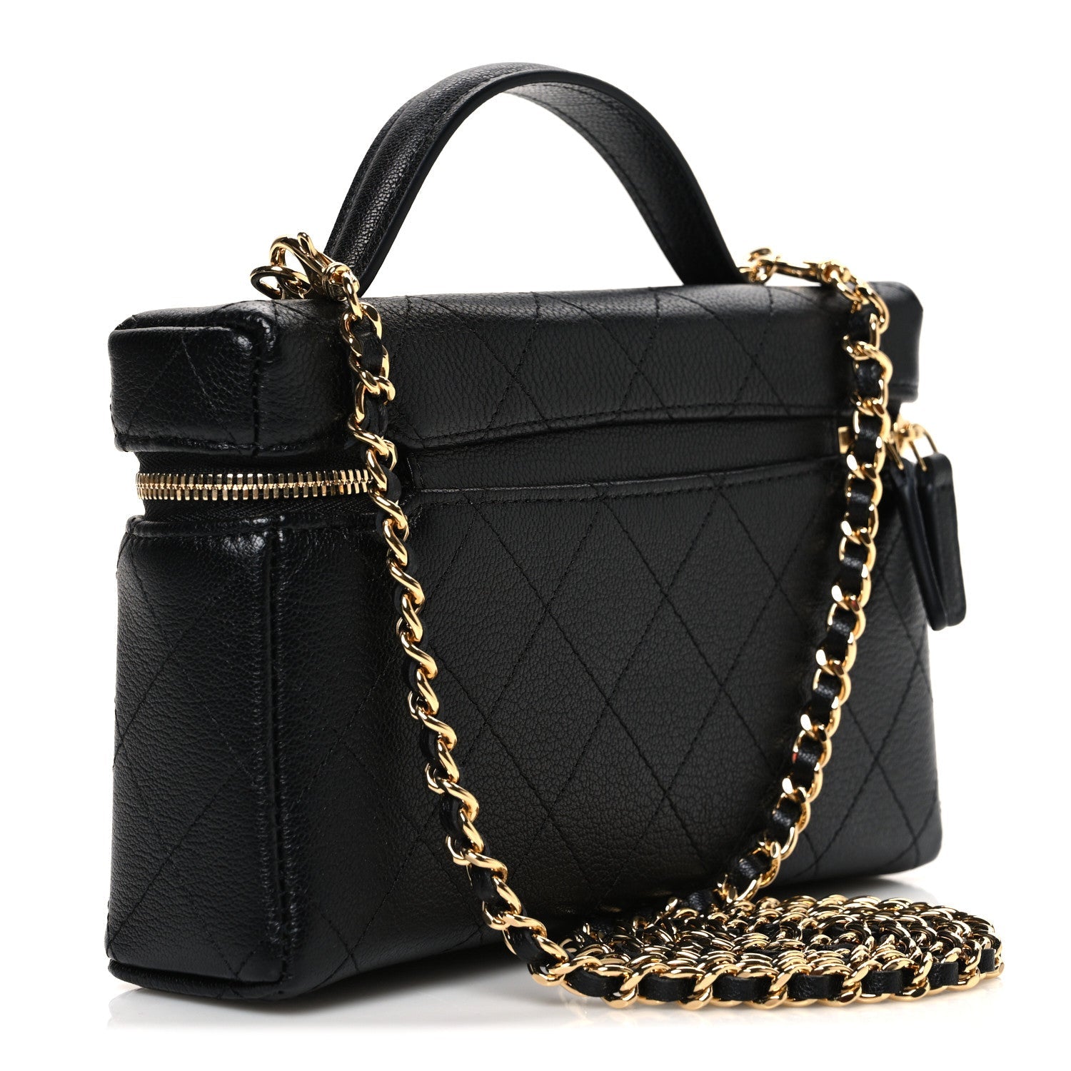 Goatskin Quilted Top Handle Slim Vanity With Chain Black