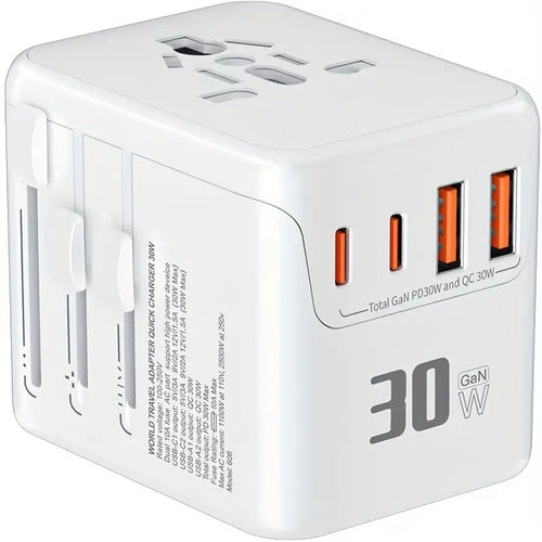 "30W GaN Travel Adapter – 4-Port Charger with EU/UK/US/AU Plugs"