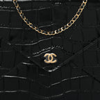 Calfskin Crocodile Embossed Croc Illusion Clutch With Chain  Black