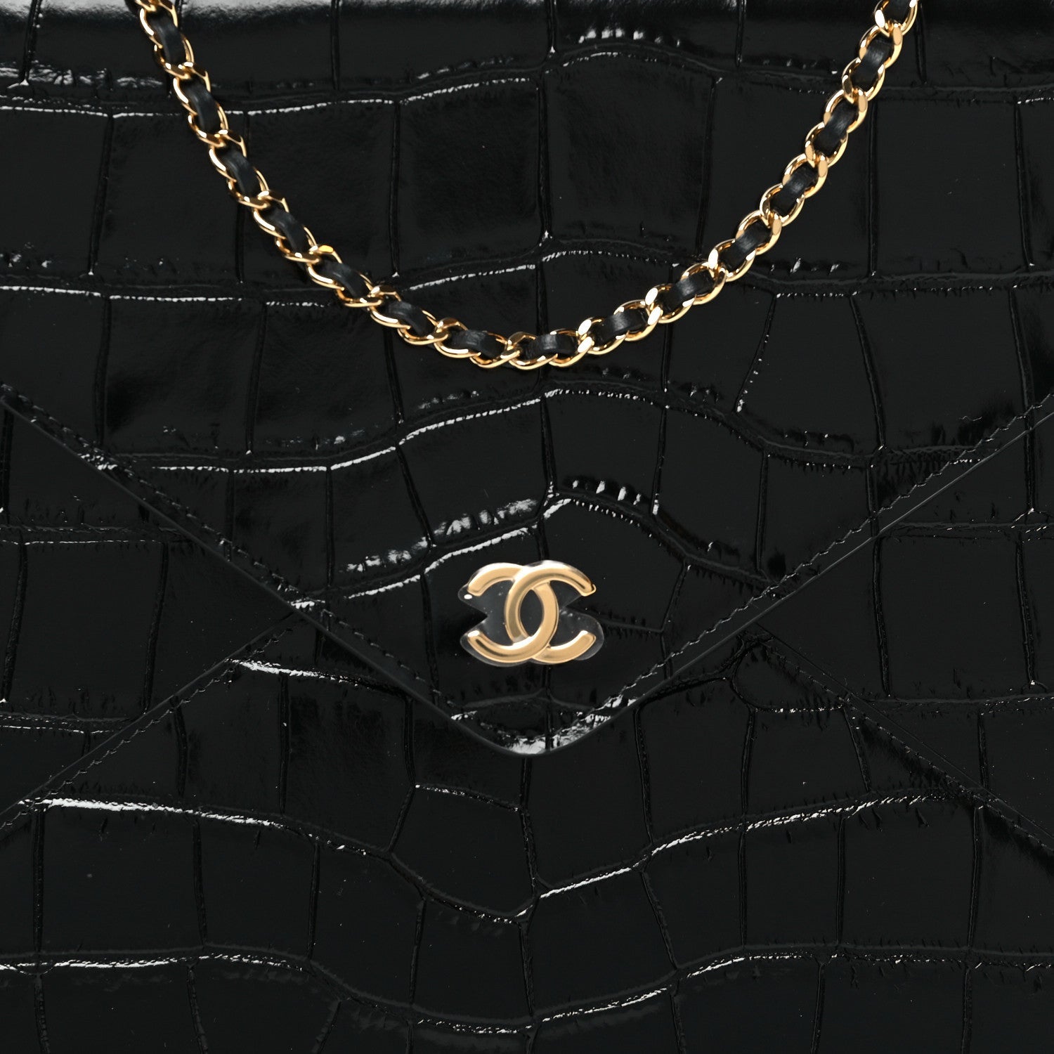Calfskin Crocodile Embossed Croc Illusion Clutch With Chain  Black