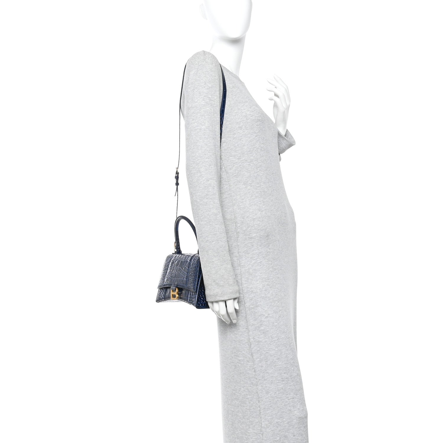 Shiny Calfskin Crocodile Embossed Small Hourglass Top Handle Bag Navy
