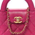 Shiny Aged Calfskin Quilted Mini Nano Kelly Shopper Dark Pink