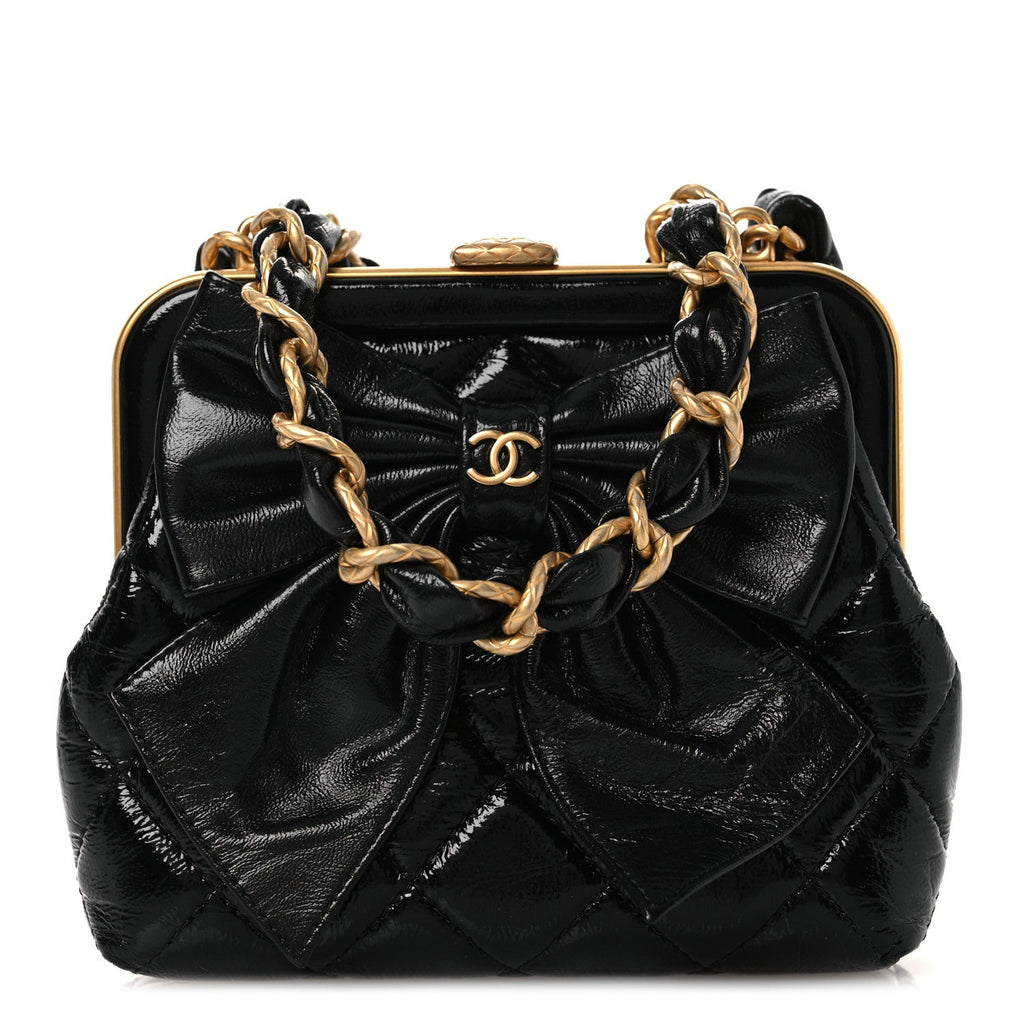 Patent Crumpled Lambskin Quilted Maxi Bow Clutch With Chain Black