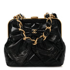 Patent Crumpled Lambskin Quilted Maxi Bow Clutch With Chain Black