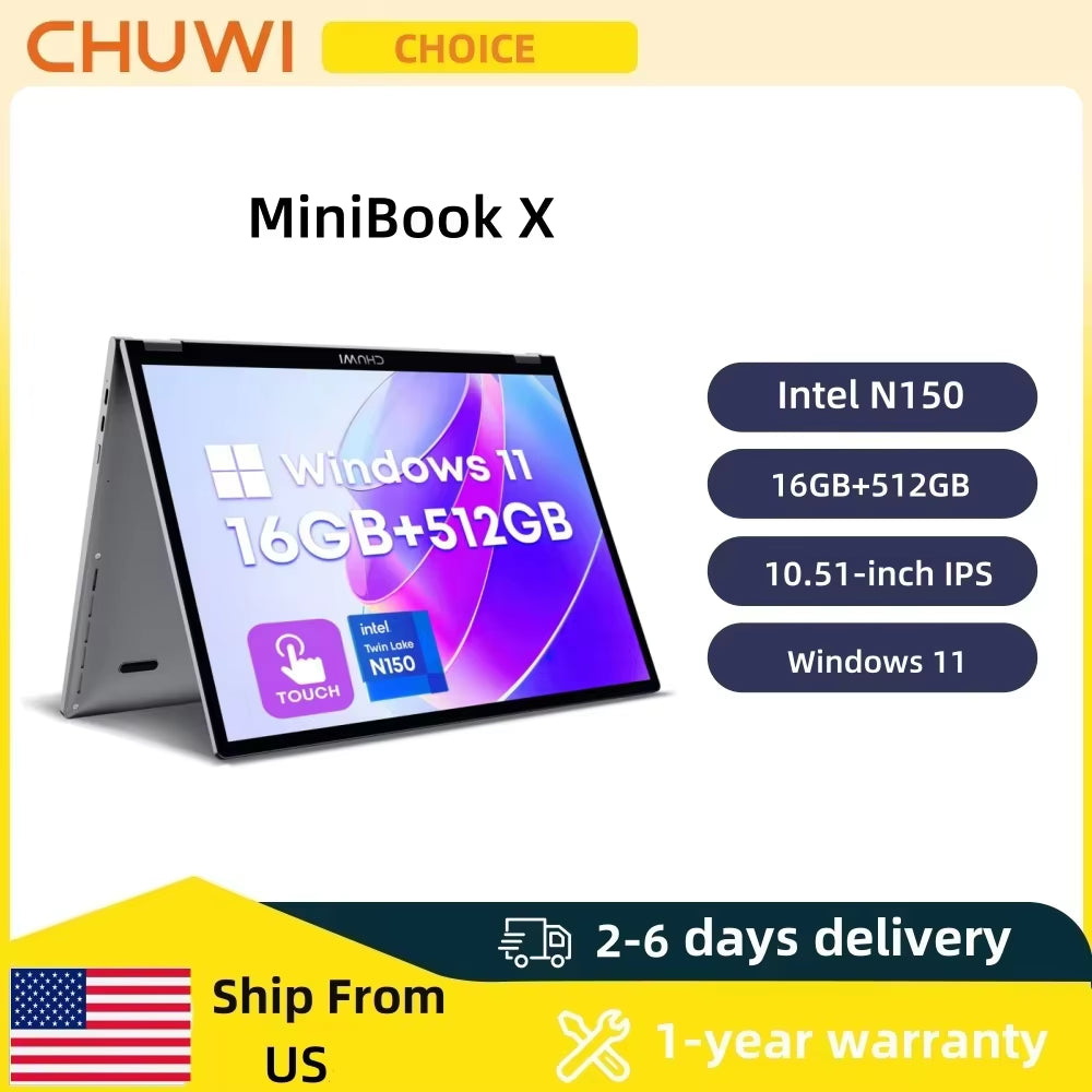 CHUWI Minibook X 2-in-1 Laptop with Intel N150 Processor (Up to 3.6GHz), 512GB Storage, 16GB LPDDR5 RAM, 10.51" FHD IPS Display (1200x1920), Windows 11 Operating System