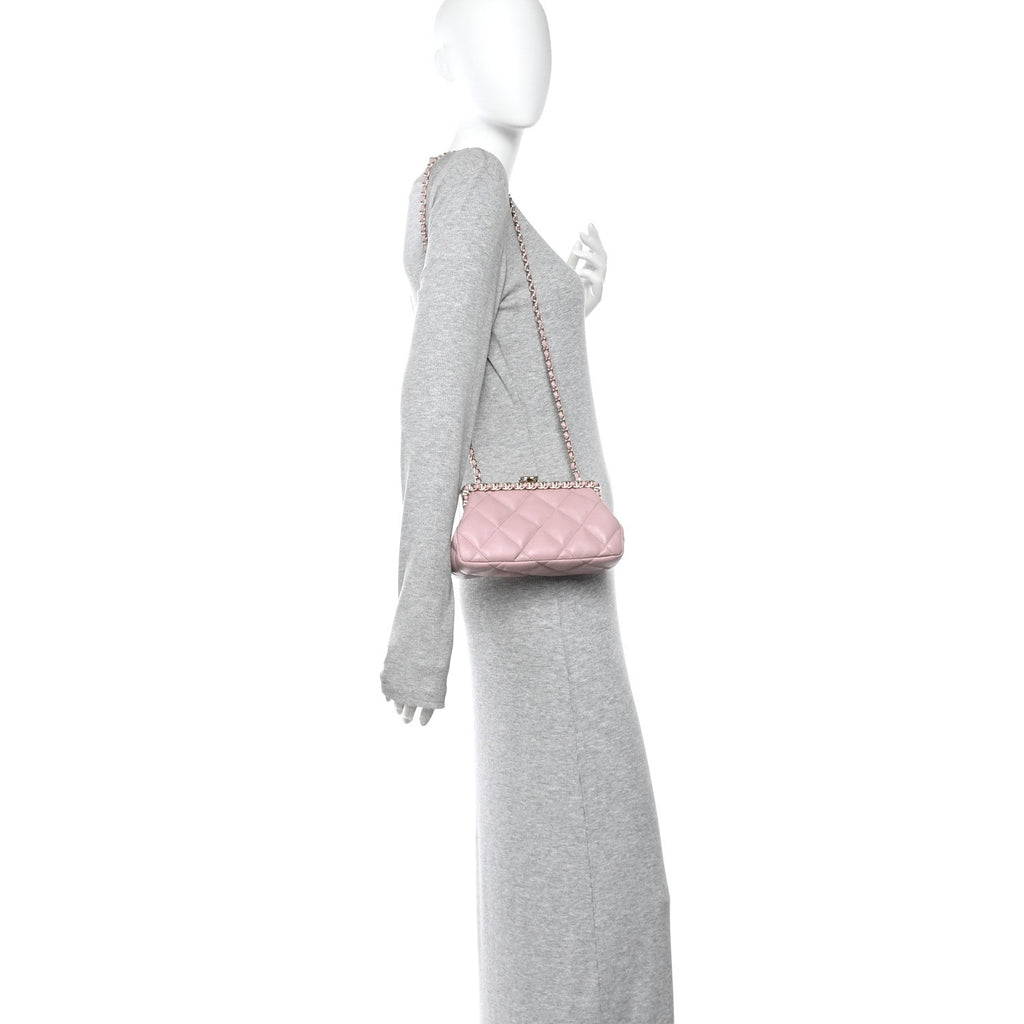 Lambskin Quilted Chain Frame Clutch Pink