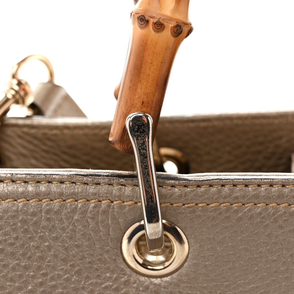 Metallic Pebbled Calfskin Medium Bamboo Shopper Tote Golden Beige