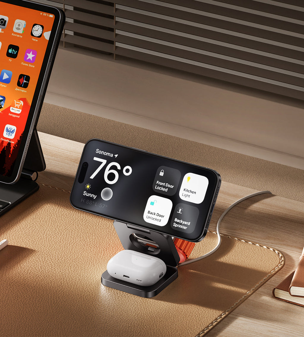 KUXIU X55 3-In-1 Foldable Magnetic Wireless Charging Station - Black