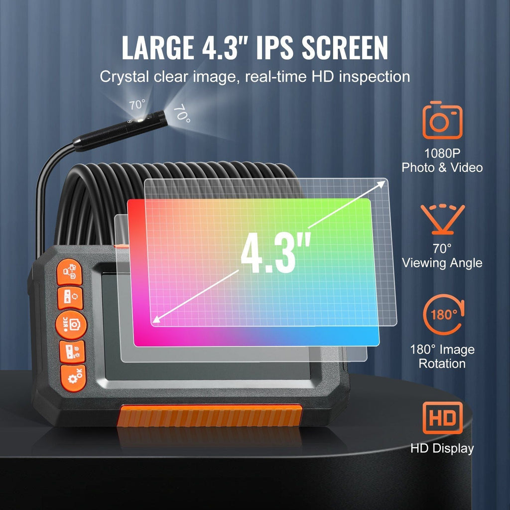 Endoscope Camera with Light, Dual Lens Borescope with 49.2FT Semi-Rigid Cable, 4.3" Screen 1080P Inspection Camera, 8 + 1 LED Lights, 4X Zoom, IP67 Waterproof Snake Camera for Auto, Plumbing