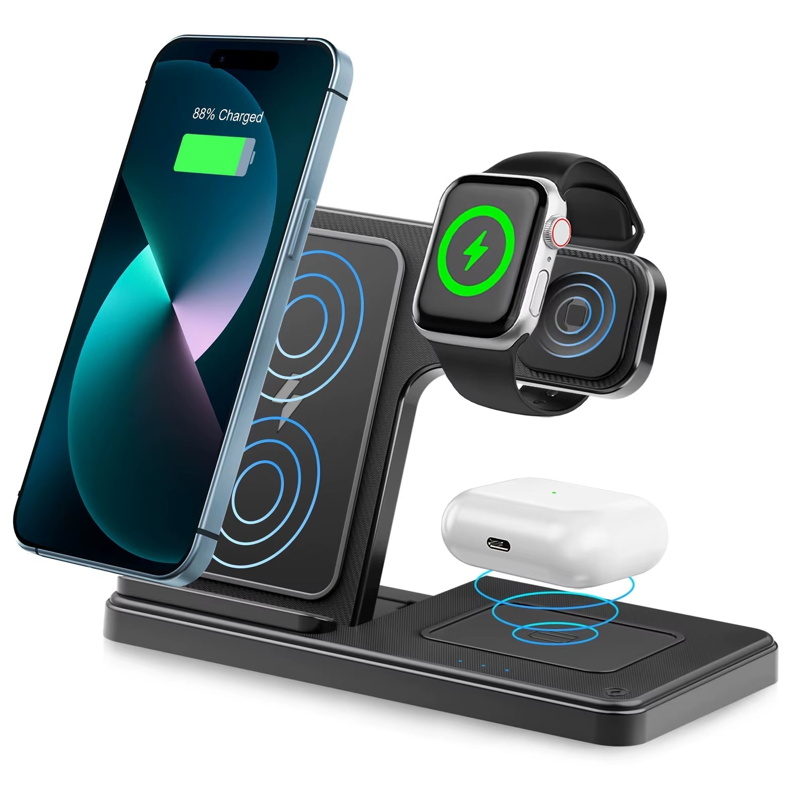 3-in-1 Magnetic Wireless Charging Dock Station with 15W Fast Charging for iPhone 15/14/13/8, Apple Watch, and AirPods