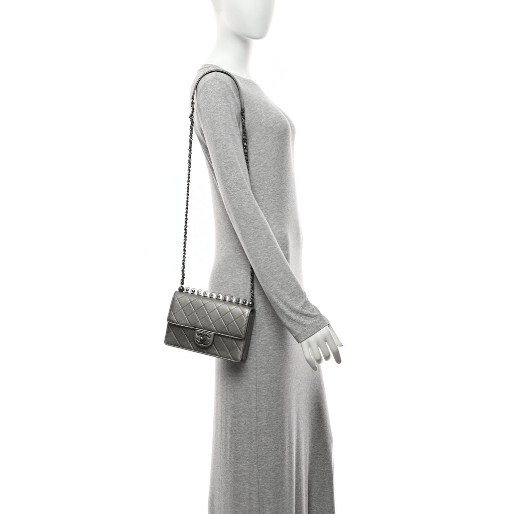 Metallic Goatskin Quilted Small Chic Pearls Flap Silver