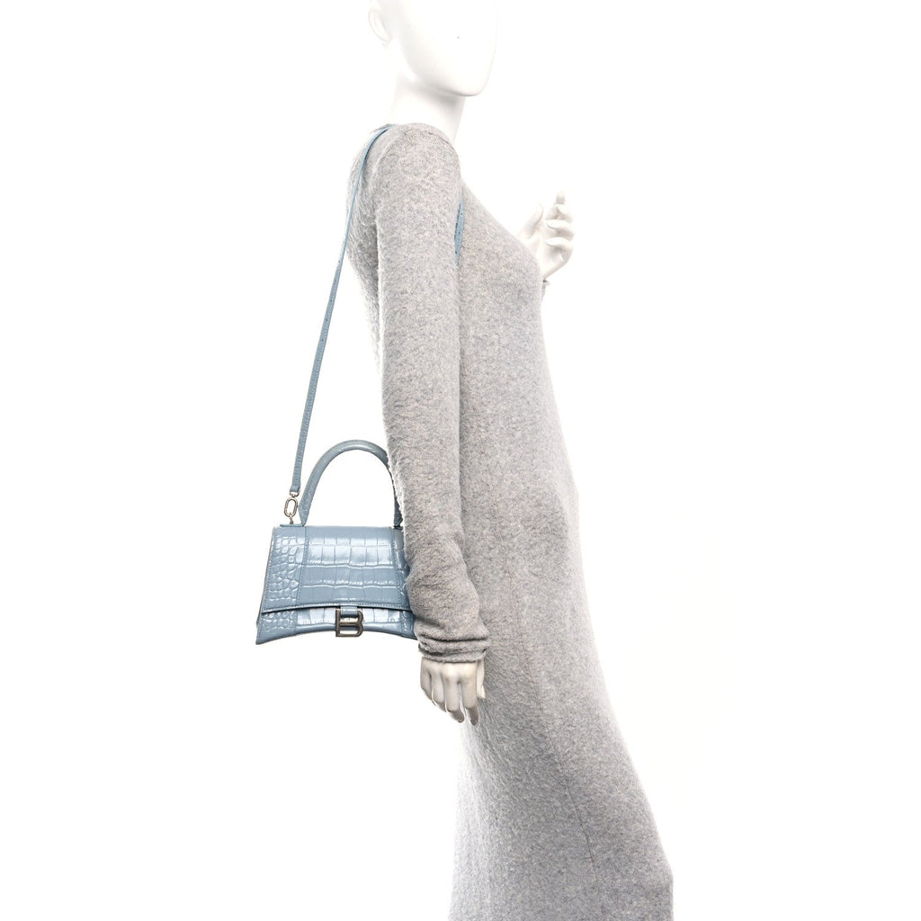 Shiny Calfskin Crocodile Embossed Small Hourglass Top Handle Bag Blue Grey