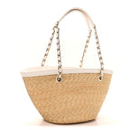 Raffia Braided Lambskin Small Shopping Tote Beige White