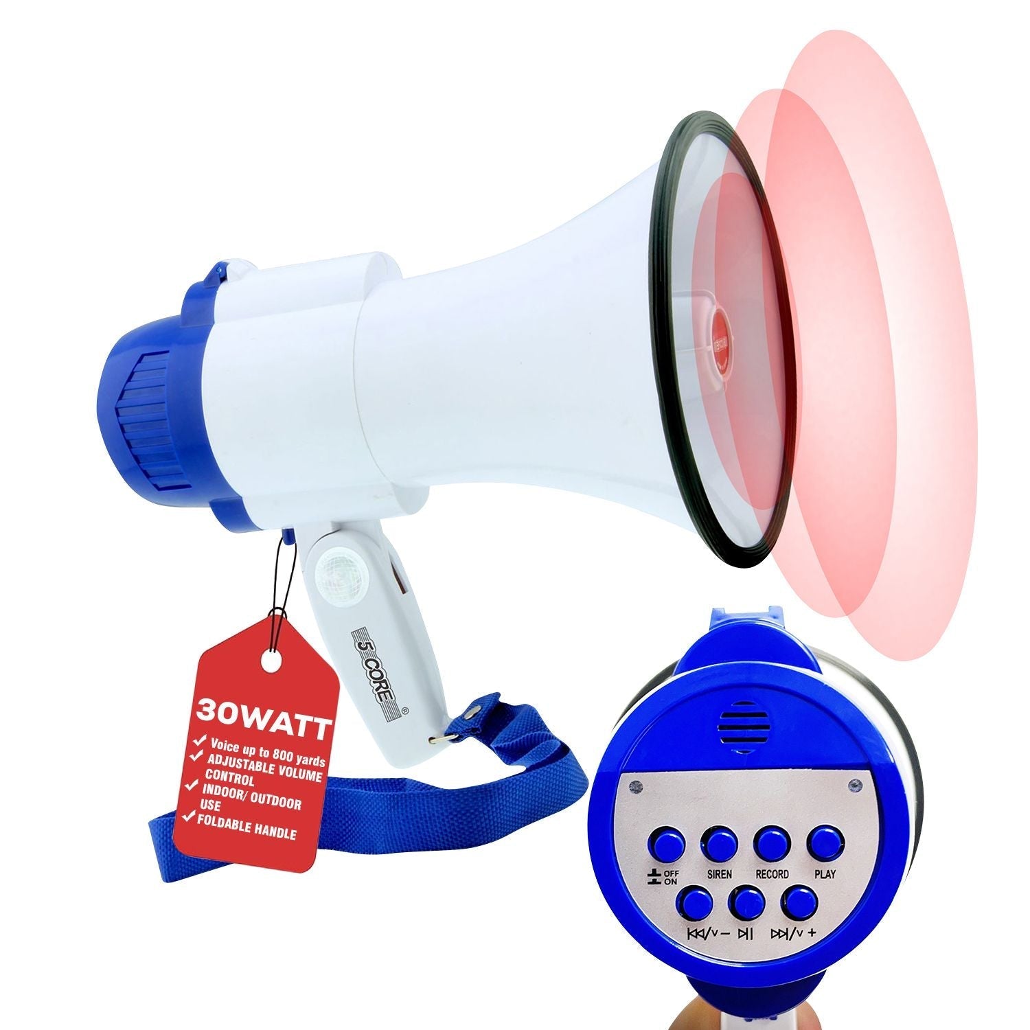 Megaphone 30W Bull Horn PA Speaker w 800 Yards Range USB Loud Siren Voice Amplifier Portable