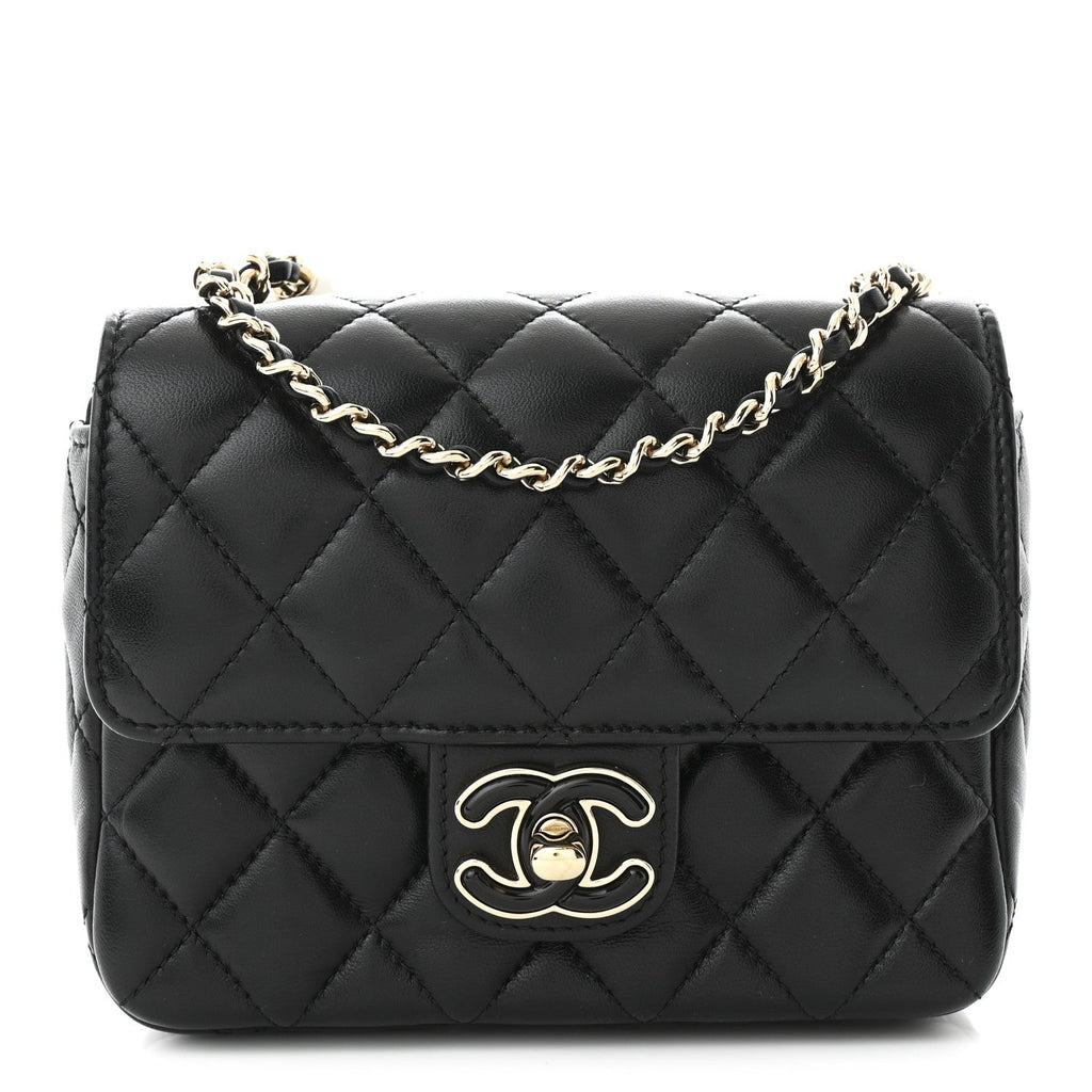 Lambskin Resin Quilted Mini Heart Square Flap Black