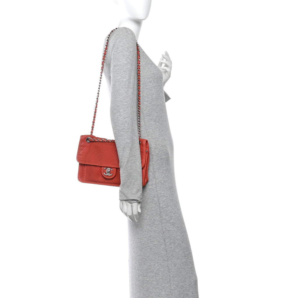 Perforated Calfskin Large Up In The Air Flap Red