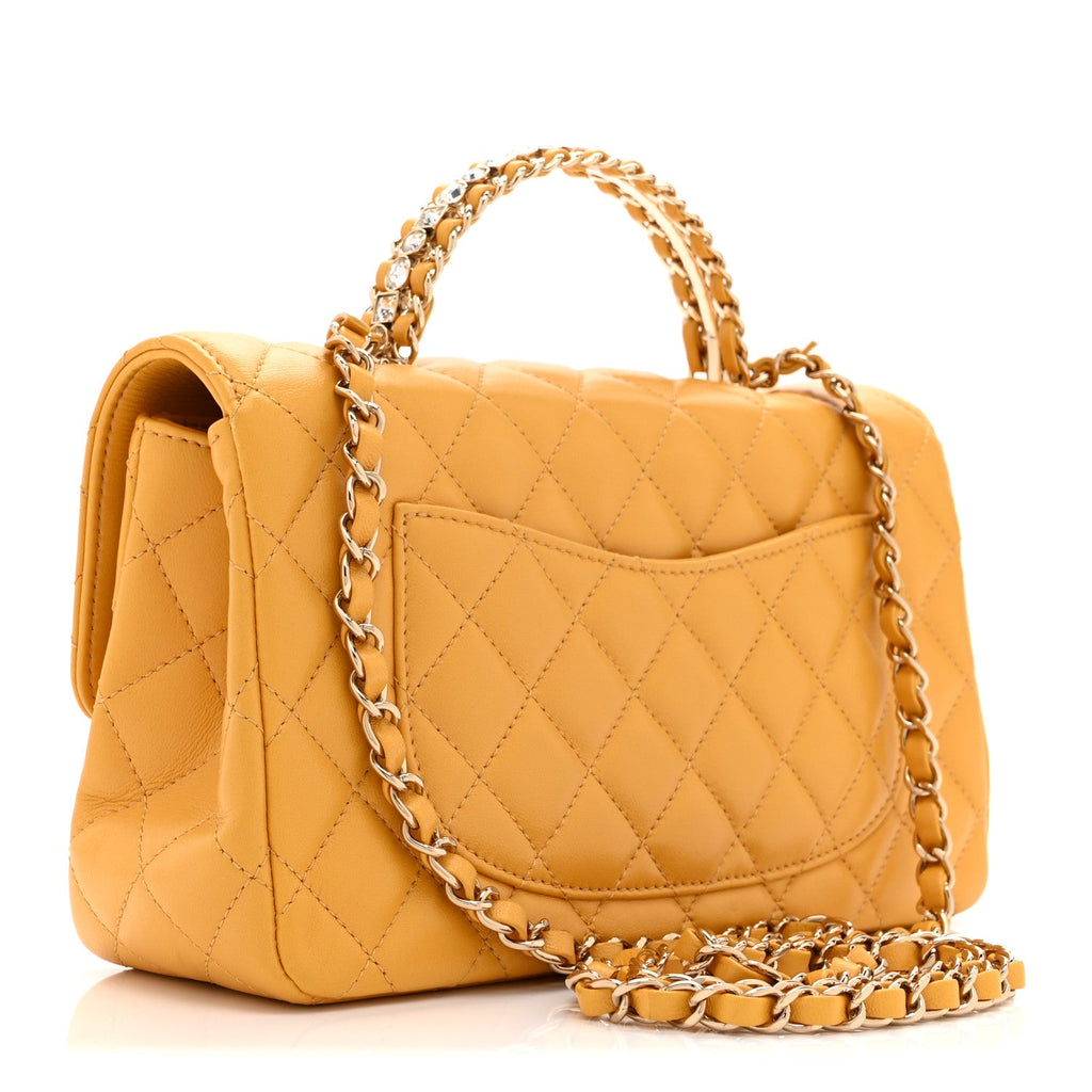 Lambskin Quilted Medium Crystal Top Handle Rectangular Flap Yellow